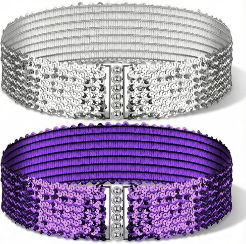 قطعتان من حزام الترتر، أحزمة ترتر لامعة للنساء، مجموعة حزام خصر أرجواني مرن، أحزمة لامعة لامعة مع خيارات فضية وأرجوانية لفساتين الحفلات وفساتين السهرة، مناسبة in Kuwait