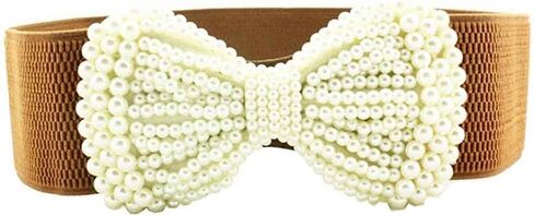 Bow Elastic Stretch Belt Cinch Belt Waistband Pearl Wide Waist Belt in Kuwait