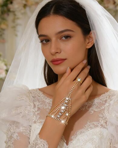 الذهب حجر الراين سلسلة اليد للنساء سباركلي كريستال خاتم سوار سلسلة اليد الفاخرة لامعة حجر الراين خاتم وسوار حفل زفاف حفلة موسيقية مجوهرات اكسسوارات in Saudi Arabia