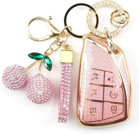 Sparkly Key Fob Cover with Cherry Keychain, Bling TPU Smart Key Case for Women, Compatible with Chevy Suburban Tahoe GMC Yukon GMC Yukon Denali GMC Yukon XL 1500 (6-Button, Gold Pink) in Kuwait