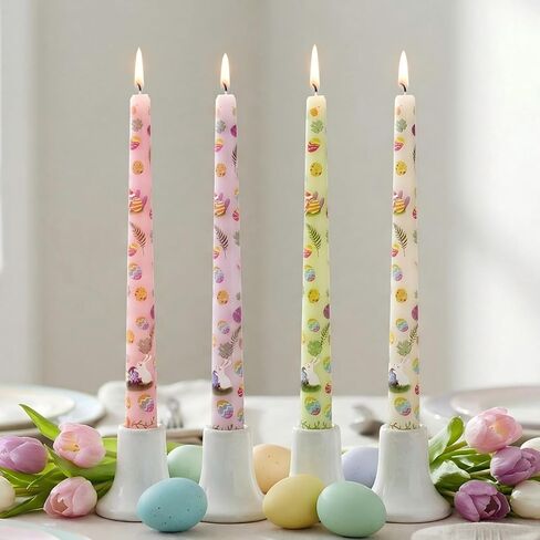 4 Pack Easter Printed Taper Candles, 10 Inch Tall Tapered Candles with Bunny & Egg Designs for Easter Dinner Table Home Party Decor in Kuwait