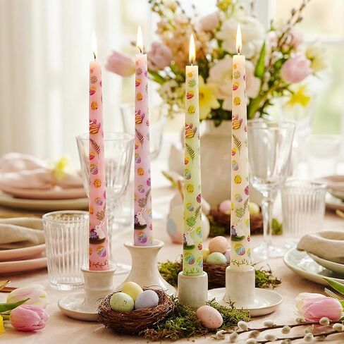 4 Pack Easter Printed Taper Candles, 10 Inch Tall Tapered Candles with Bunny & Egg Designs for Easter Dinner Table Home Party Decor in Kuwait