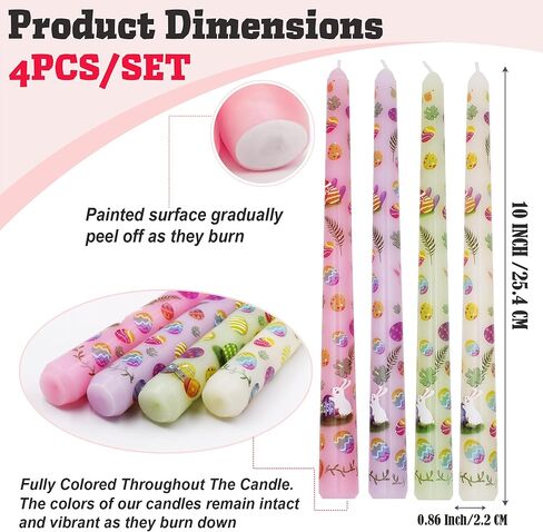 4 Pack Easter Printed Taper Candles, 10 Inch Tall Tapered Candles with Bunny & Egg Designs for Easter Dinner Table Home Party Decor in Kuwait
