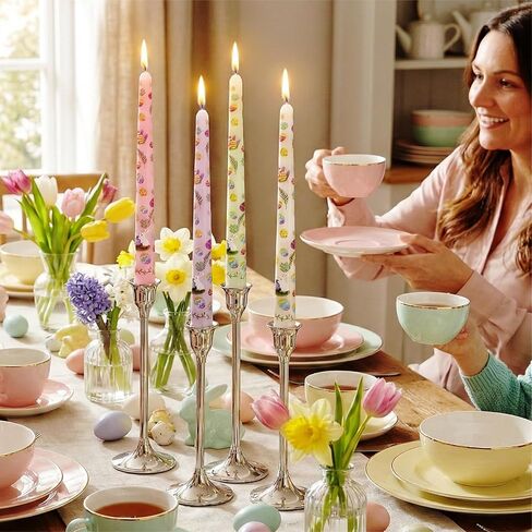 4 Pack Easter Printed Taper Candles, 10 Inch Tall Tapered Candles with Bunny & Egg Designs for Easter Dinner Table Home Party Decor in Kuwait