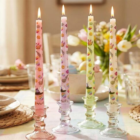 4 Pack Easter Printed Taper Candles, 10 Inch Tall Tapered Candles with Bunny & Egg Designs for Easter Dinner Table Home Party Decor in Kuwait