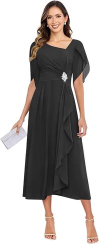 فساتين أم العروس بطول الشاي مع أكمام فستان شيفون لحفلات الزفاف in Kuwait