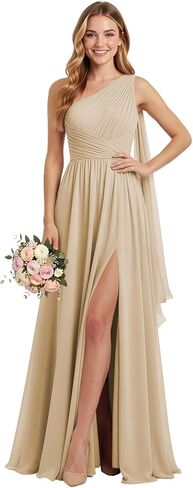 فساتين وصيفة العروس بكتف واحد طويلة للنساء مع فتحة شيفون وكشكشة مكشكشة فساتين رسمية مع شريط WA123 in Kuwait