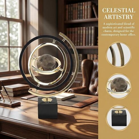 Modern Abstract Metal Globe Sculpture Ornament – Black & Gold Rectangular Base Desk Decor, Tabletop Art Piece for Home Office Shelf Living Room, Unique Housewarming Gift in Saudi Arabia