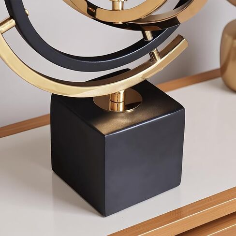 Modern Abstract Metal Globe Sculpture Ornament – Black & Gold Rectangular Base Desk Decor, Tabletop Art Piece for Home Office Shelf Living Room, Unique Housewarming Gift in Saudi Arabia