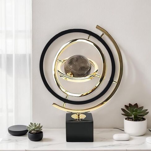 Modern Abstract Metal Globe Sculpture Ornament – Black & Gold Rectangular Base Desk Decor, Tabletop Art Piece for Home Office Shelf Living Room, Unique Housewarming Gift in Saudi Arabia