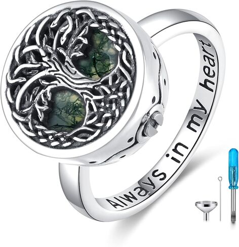 Tree of Life Urn Ring for Ashes 925 Sterling Silver Family Tree Memorial Rings with Moss Agate, Always in My Heart Cremation Keepsake Band for Women Men in Kuwait