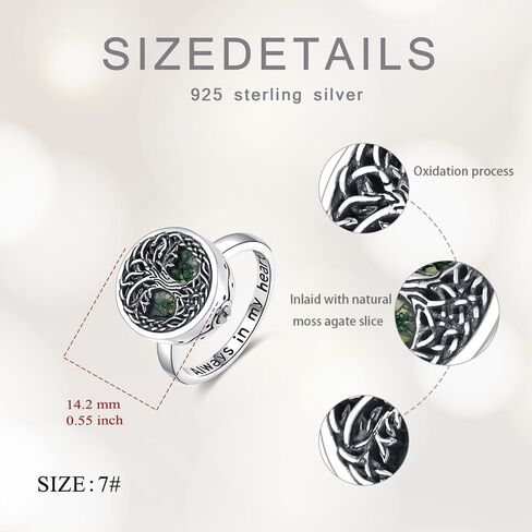 Tree of Life Urn Ring for Ashes 925 Sterling Silver Family Tree Memorial Rings with Moss Agate, Always in My Heart Cremation Keepsake Band for Women Men in Kuwait
