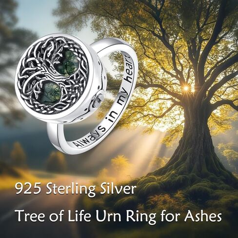 Tree of Life Urn Ring for Ashes 925 Sterling Silver Family Tree Memorial Rings with Moss Agate, Always in My Heart Cremation Keepsake Band for Women Men in Kuwait