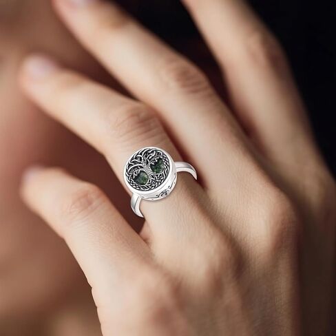 Tree of Life Urn Ring for Ashes 925 Sterling Silver Family Tree Memorial Rings with Moss Agate, Always in My Heart Cremation Keepsake Band for Women Men in Kuwait