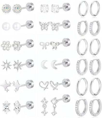 Tornito Gold Flat Back Earrings for Women Stainless Steel Huggie Hoop Earrings CZ Butterfly Bowknot Pearl Flower Moon Star Heart Cartilage Earring Stacks Small Stud Hoop Piercing Set Hypoallergenic in Saudi Arabia