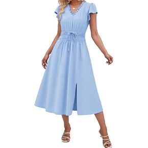 Angashion Womens Summer Midi Dresses Casual V Neck Cap Sleeve Empire Waist Elegant 2026 Flowy Solid Long Dress with Pockets in Kuwait