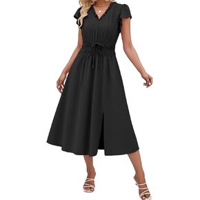 Angashion Womens Summer Midi Dresses Casual V Neck Cap Sleeve Empire Waist Elegant 2026 Flowy Solid Long Dress with Pockets in Kuwait