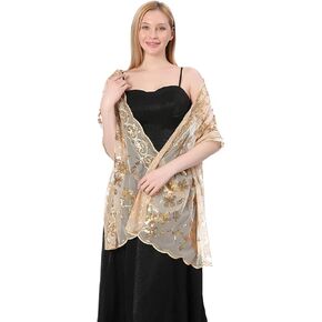 Women Sequin Shawls And Wraps For Evening Dress Sparkling Sequin Floral Pattern Lace Sheer Scarf Stole For Wedding in Kuwait