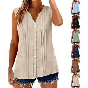 قطع علوية نسائية بدون أكمام لصيف 2026 قمصان كتان بأزرار للأسفل بطيات أمامية ورقبة على شكل حرف V قطع علوية أنيقة بلوزات عمل فضفاضة in Kuwait