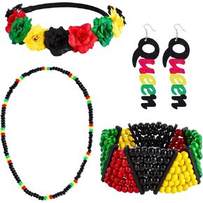 4PCS Women's African Jewelry Accessories Multicolor Beaded Stretchy Bracelet Necklace Wooden Queen Dangle Earrings Flower Crown Headband in Kuwait