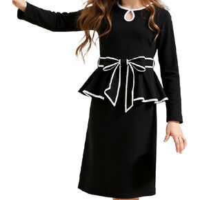 Girls Dress, Black Long-Sleeved Waist Skirt, White Piping + Bow Belt Design, Suitable for Girls Aged 8-12 in Kuwait