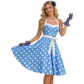 Womens Vintage Dress 1950s with Hat Hairpins, Necklaces, Gloves, Halter Polka Dot Dresses Outfit Tea Party Picnic in Kuwait