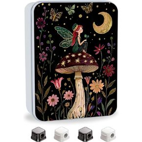 Metal Tin Box with Lid,Multi-functional Storage Box Can Store Tea Biscuits Game Cards, Playing & Tarot Cards-Comes with 4 Magnetic Cord Clips,Mushroom Fairy in Kuwait