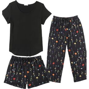 Ekouaer 3 PCS Capri Pajamas for Women Set Short Sleeve Pajama Sets Floral Pj Sets Soft Sleepwear with Pockets in Kuwait