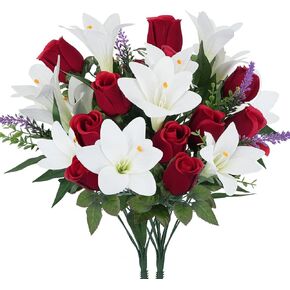 قطعتان من زهور الزنابق وزهور المقبرة الربيعية لزهور عيد الفصح القبرية الاصطناعية مع الورود واللافندر الزنابق المزيفة للقبر في الهواء الطلق قطع مركزية للحديقة وديكور المنزل in Kuwait