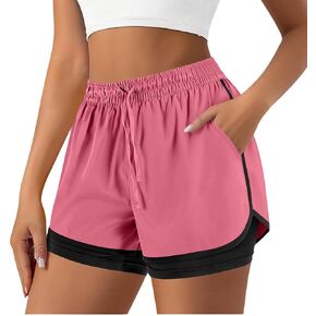 شورت نسائي للجري 2 في 1 لتمارين اليوغا والجيم شورت رياضي برباط مرن عالي الخصر مع جيوب in Kuwait