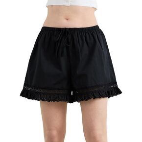 Women Summer Casual Shorts 100% Cotton Hollow Out Lace Ruffle Vintage Pettipants Elastic Waist Drawstring in Kuwait