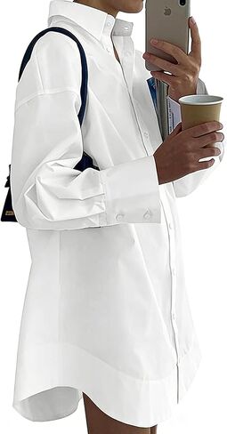 Womens Casual Button Down Shirt Dress Long Sleeve Collared V Neck Mini Dress Cotton Button Up High Low Summer Dress in Saudi Arabia