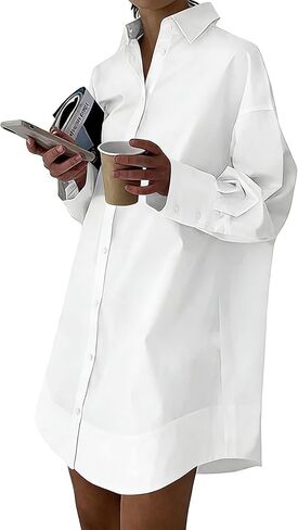 Womens Casual Button Down Shirt Dress Long Sleeve Collared V Neck Mini Dress Cotton Button Up High Low Summer Dress in Kuwait