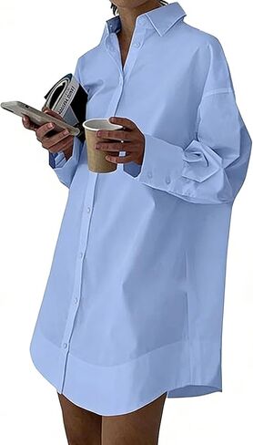 Womens Casual Button Down Shirt Dress Long Sleeve Collared V Neck Mini Dress Cotton Button Up High Low Summer Dress in Saudi Arabia