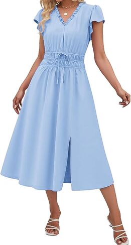 Angashion Womens Summer Midi Dresses Casual V Neck Cap Sleeve Empire Waist Elegant 2026 Flowy Solid Long Dress with Pockets in Kuwait