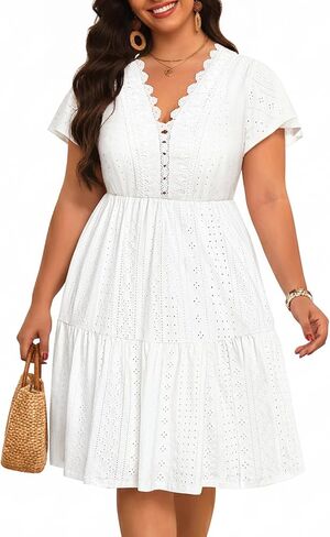 Plus Size Summer Dress - Casual Boho Sundress Eyelet Lace V Neck Short Sleeve Tiered A-Line Midi Flowy Sun Dresses Women in Saudi Arabia