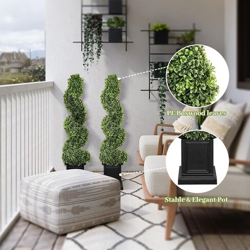 Artificial Boxwood Outdoor Topiary Set of 2, 4ft Tall Outdoor Porch Trees All-Year Green Fake Plant Topiary Trees Artificial Outdoor with Sturdy Pot for Porch Outdoor Indoor (Spiral) in Kuwait