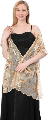 Women Sequin Shawls And Wraps For Evening Dress Sparkling Sequin Floral Pattern Lace Sheer Scarf Stole For Wedding in Kuwait