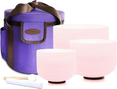 مجموعة من 3 أوعية تغني باللون الوردي مقاس 20.32 سم و25.4 سم شرقًا و30.48 سم ج، وعاء تغني كريستالي كريستالي معالج للصوت من الكوارتز المتجمد مع حقيبة حمل للسفر وحلقة دائرية من جلد الغزال in Kuwait