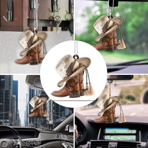 قلادة مرآة الرؤية الخلفية للسيارة بتصميم غربي من رعاة البقر، زينة معلقة من الأكريليك المسطح مع تصميم الأحذية والقبعات، سحر داخلي للسيارات in Kuwait