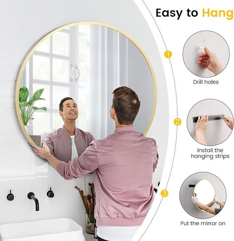 مرآة حائط مستديرة مقاس 18 بوصة من PeakPursuit بلون ذهبي غير لامع، مرآة دائرية كبيرة لديكور الحمام والمدخل والممر وغرفة المعيشة، زجاج شفاف كريستالي، ديكور منزلي بسيط معلق in Kuwait