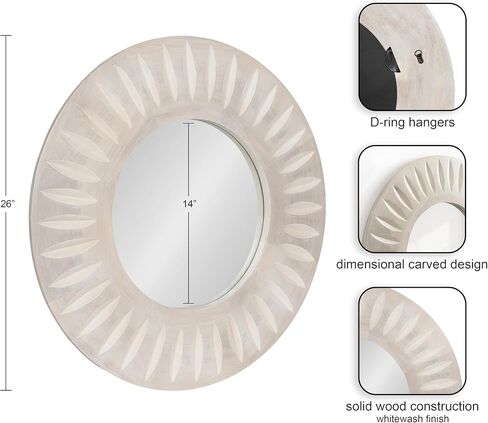 Kate and Laurel Usra Round Carved Wood Mirror, 26 Inch Diameter, Whitewash, Light Wooden Circle Mirror with Carved Indentation and Sunburst Wall Mirror Look in Saudi Arabia