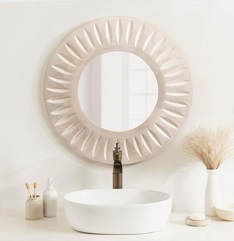 Kate and Laurel Usra Round Carved Wood Mirror, 26 Inch Diameter, Whitewash, Light Wooden Circle Mirror with Carved Indentation and Sunburst Wall Mirror Look in Saudi Arabia