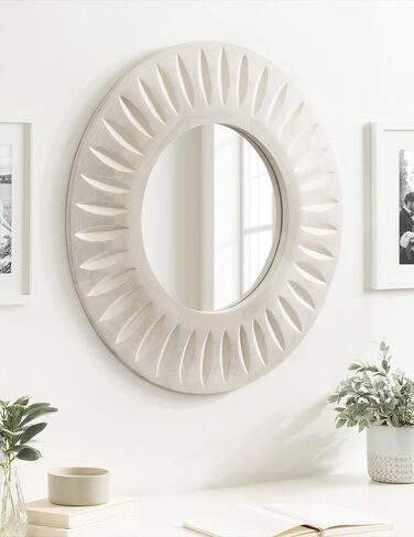 Kate and Laurel Usra Round Carved Wood Mirror, 26 Inch Diameter, Whitewash, Light Wooden Circle Mirror with Carved Indentation and Sunburst Wall Mirror Look in Saudi Arabia