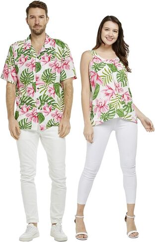 Couple Matching Hawaiian Luau Outfit Aloha Shirt and Tank Top in Wispy Cereus Black in Saudi Arabia