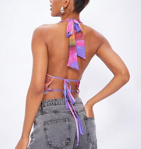 Women's Tie Dye Halter Crop Top Ruched Sleeveless V Neck Strapless Draped Cami Tank Backless T Shirts in Kuwait