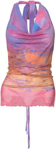 Women's Tie Dye Halter Crop Top Ruched Sleeveless V Neck Strapless Draped Cami Tank Backless T Shirts in Kuwait