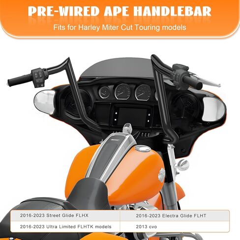 16" Rise Pre-Wired Ape Hangers Handlebars 1 1/4" Fat 1" Clamp Meathook Monkey Bar Chrome Fit for Harley Touring Miter Cut 2013 Cvo 2016-2023 Street Glide Electra Glide Ultra Limited in Kuwait