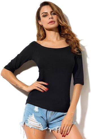 LUSMAY Womens Off Shoulder Top Half Sleeve Summer Cotton Blouses Boat Neck Tee Shirt in Kuwait