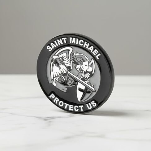 Saint Michael "Protect Us" Lapel-Brooch Pin - Black Colored Metal Plated - Luxury Clothing-Hat-Bag Accessory in Kuwait